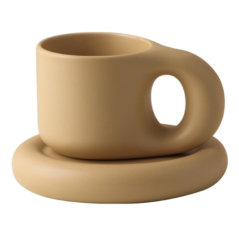 Creative Handmade Fat Handle Mug 300ml and Oval Plate Ceramic Cup Saucer For Coffee Tea Milk Nordic Home Decor