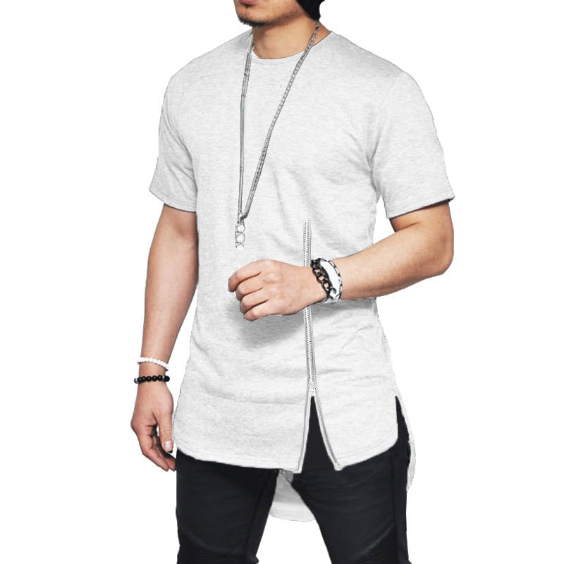 Fashion Asymmetrical  Short Sleeve Zipper T-shirt Fashion  Curved Hem Cotton