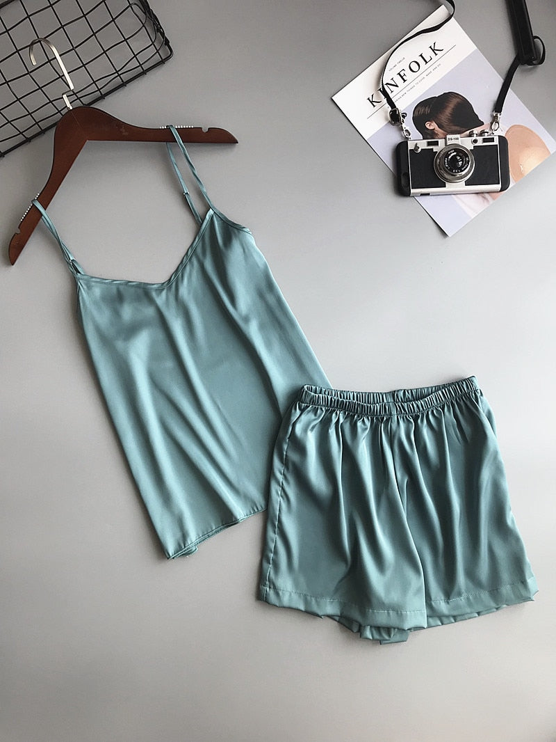 Ice Silk Twinset Korean Solid Color Pajamas Camisole Pajama Set  Vest Shorts Suit