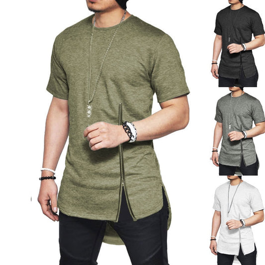 Fashion Asymmetrical  Short Sleeve Zipper T-shirt Fashion  Curved Hem Cotton