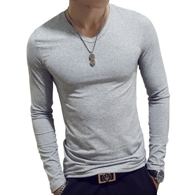 V Neck T Shirts Plain Long Sleeve Slim Fit Undershirt Armor Summer Casual Tee Tops Underwear Tshirt White Black