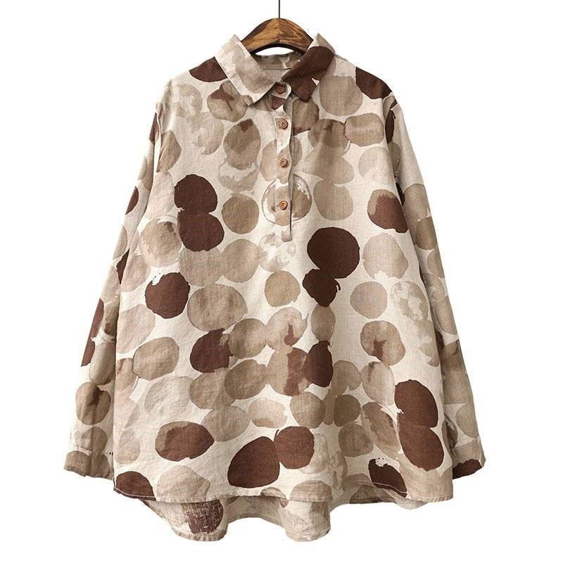 Spring Women Shirts Long Sleeve Cotton Linen Button Casual Shirts Vintage Polka Dot Print Vintage Blouses Tops P11