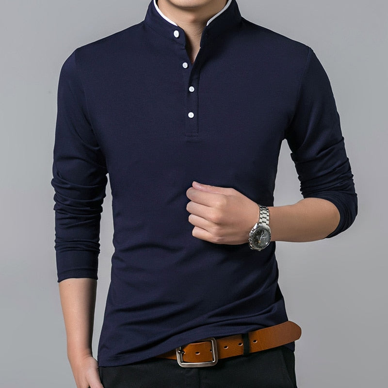 Liseaven T-Shirt Cotton T Shirt Full Sleeve  Solid Color T-shirts  Mandarin Collar Long Shirt