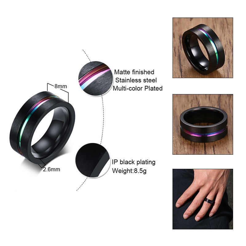 Vnox Black Stainless Steel Basic Ring for Men With Rainbow Line Classic Male Wedding Band Multi Color Jewelry Fraternal Rings