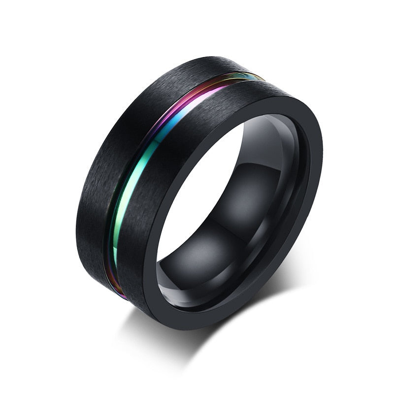 Vnox Black Stainless Steel Basic Ring for Men With Rainbow Line Classic Male Wedding Band Multi Color Jewelry Fraternal Rings