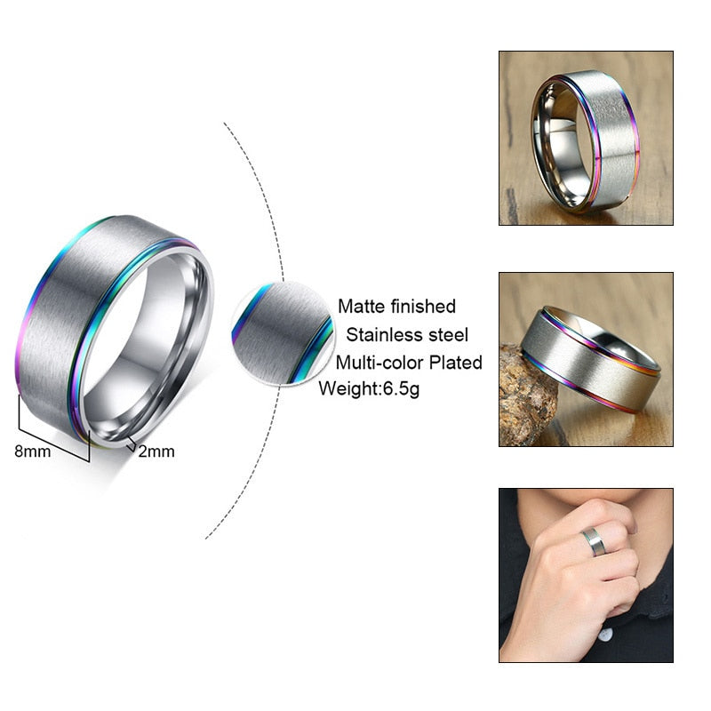 Vnox Black Stainless Steel Basic Ring for Men With Rainbow Line Classic Male Wedding Band Multi Color Jewelry Fraternal Rings