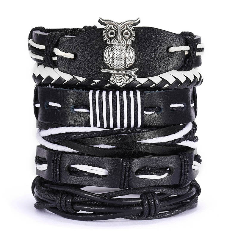 Leaf Leather Multilayer Bracelet Fashion Braided Handmade Star Knot Leaf Rope Wood Beads Wrap Bracelets; Bangles Gift