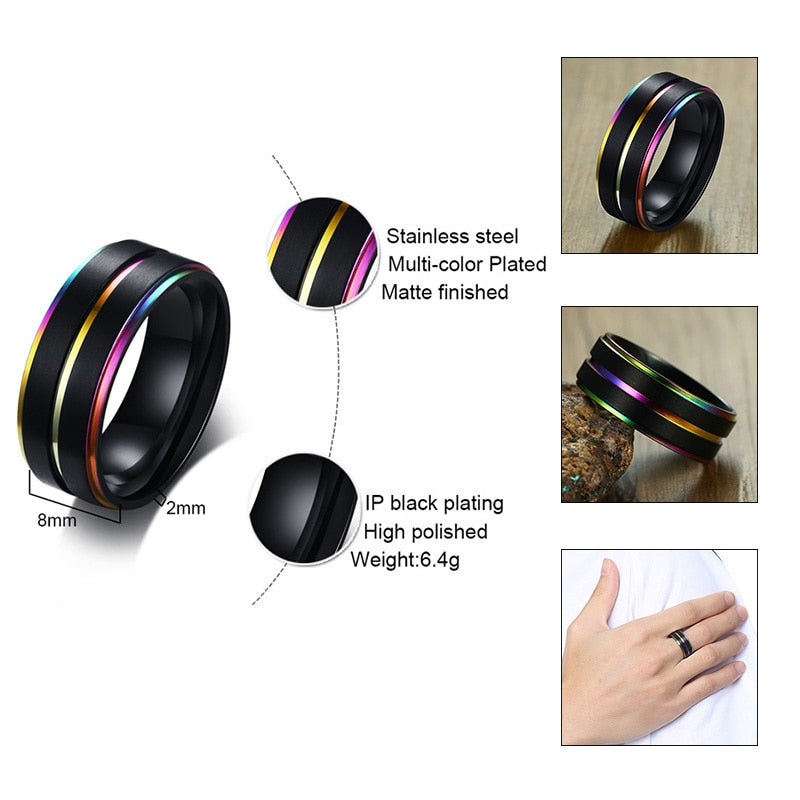 Vnox Black Stainless Steel Basic Ring for Men With Rainbow Line Classic Male Wedding Band Multi Color Jewelry Fraternal Rings