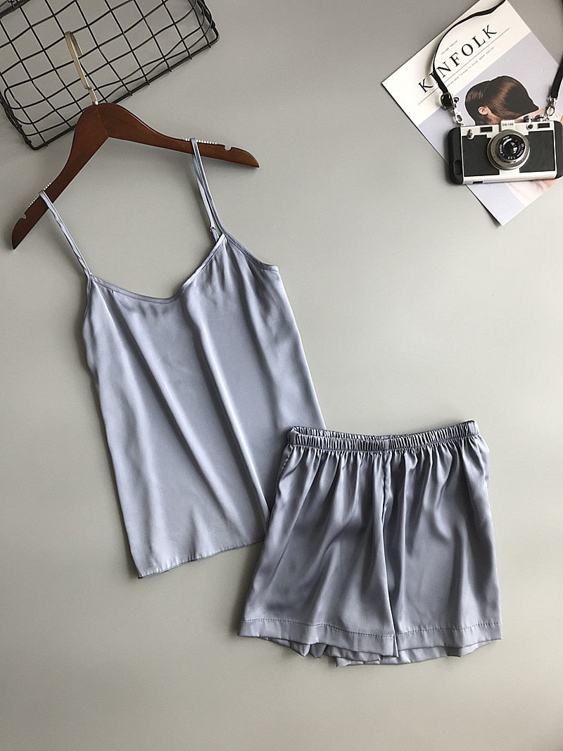 Ice Silk Twinset Korean Solid Color Pajamas Camisole Pajama Set  Vest Shorts Suit