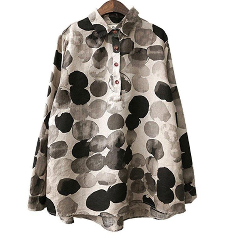 Spring Women Shirts Long Sleeve Cotton Linen Button Casual Shirts Vintage Polka Dot Print Vintage Blouses Tops P11