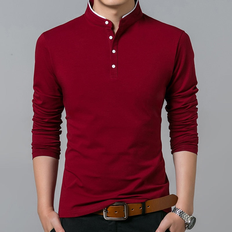 Liseaven T-Shirt Cotton T Shirt Full Sleeve  Solid Color T-shirts  Mandarin Collar Long Shirt