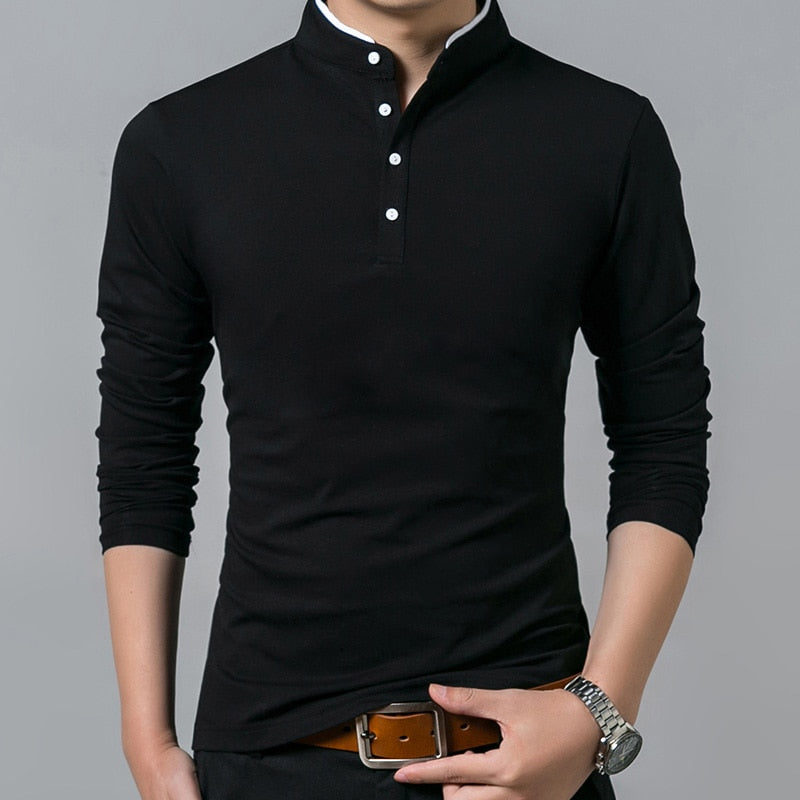 Liseaven T-Shirt Cotton T Shirt Full Sleeve  Solid Color T-shirts  Mandarin Collar Long Shirt