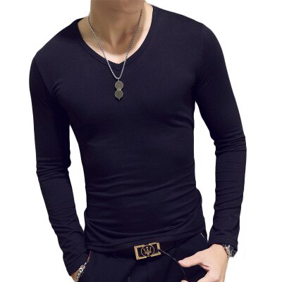 V Neck T Shirts Plain Long Sleeve Slim Fit Undershirt Armor Summer Casual Tee Tops Underwear Tshirt White Black