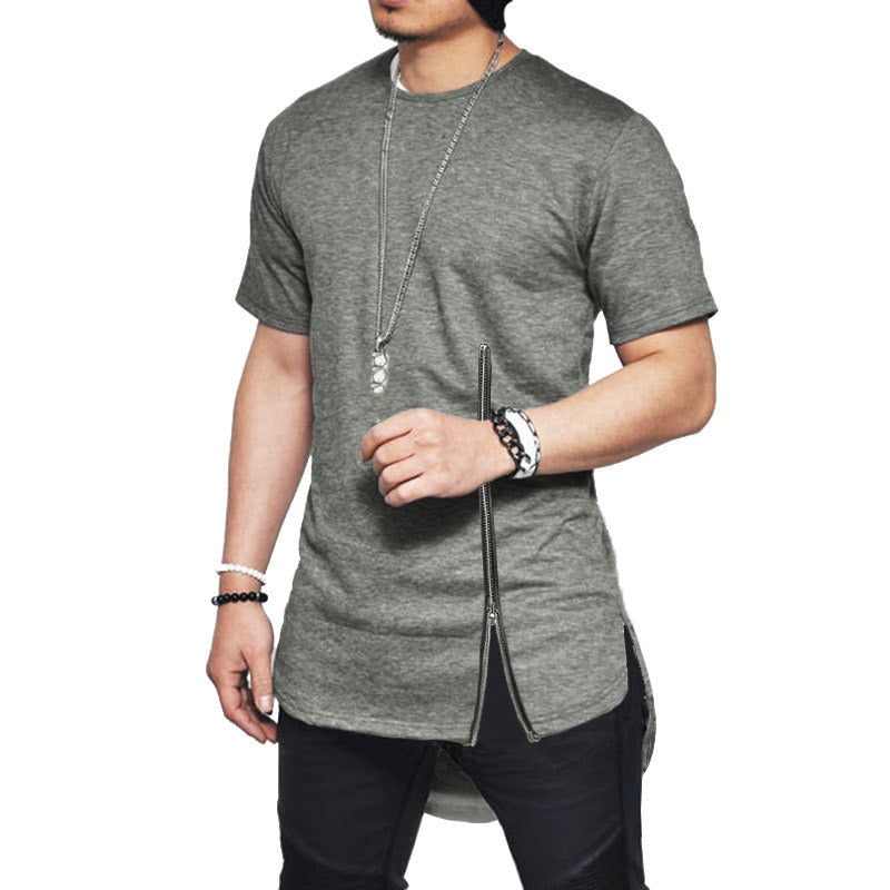 Fashion Asymmetrical  Short Sleeve Zipper T-shirt Fashion  Curved Hem Cotton