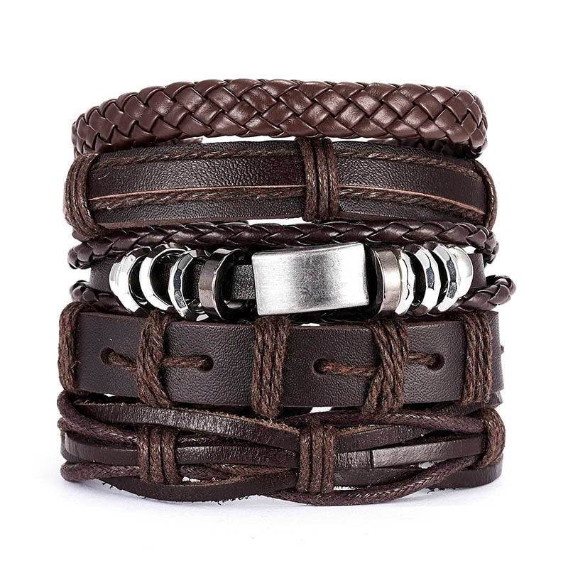 Leaf Leather Multilayer Bracelet Fashion Braided Handmade Star Knot Leaf Rope Wood Beads Wrap Bracelets; Bangles Gift