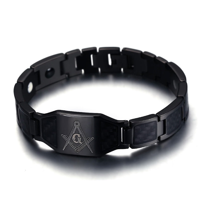 Custom Made Bracelet, Black Stainless Steel Bracelet with Carbon Fiber Inlay  Logo Fashion Jewelry