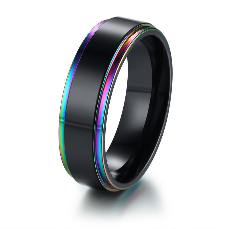 Vnox Black Stainless Steel Basic Ring for Men With Rainbow Line Classic Male Wedding Band Multi Color Jewelry Fraternal Rings