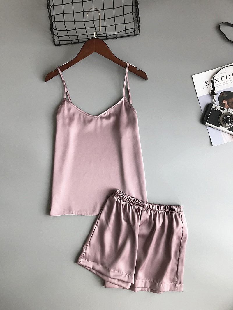 Ice Silk Twinset Korean Solid Color Pajamas Camisole Pajama Set  Vest Shorts Suit