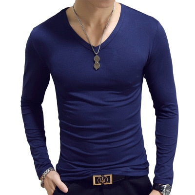 V Neck T Shirts Plain Long Sleeve Slim Fit Undershirt Armor Summer Casual Tee Tops Underwear Tshirt White Black