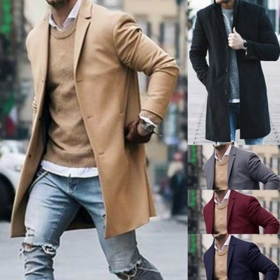 New Arrival Winter Fashion Men Slim Fit Long Sleeve Cardigans Blends Coat Jacket Suit Solid Mens Long Woolen Coats