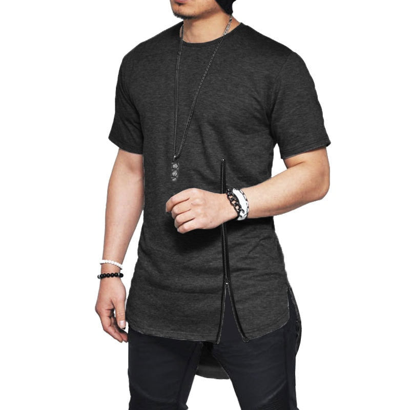 Fashion Asymmetrical  Short Sleeve Zipper T-shirt Fashion  Curved Hem Cotton