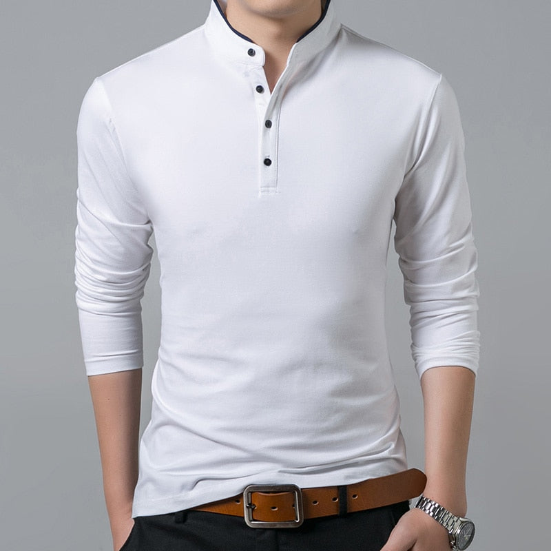 Liseaven T-Shirt Cotton T Shirt Full Sleeve  Solid Color T-shirts  Mandarin Collar Long Shirt