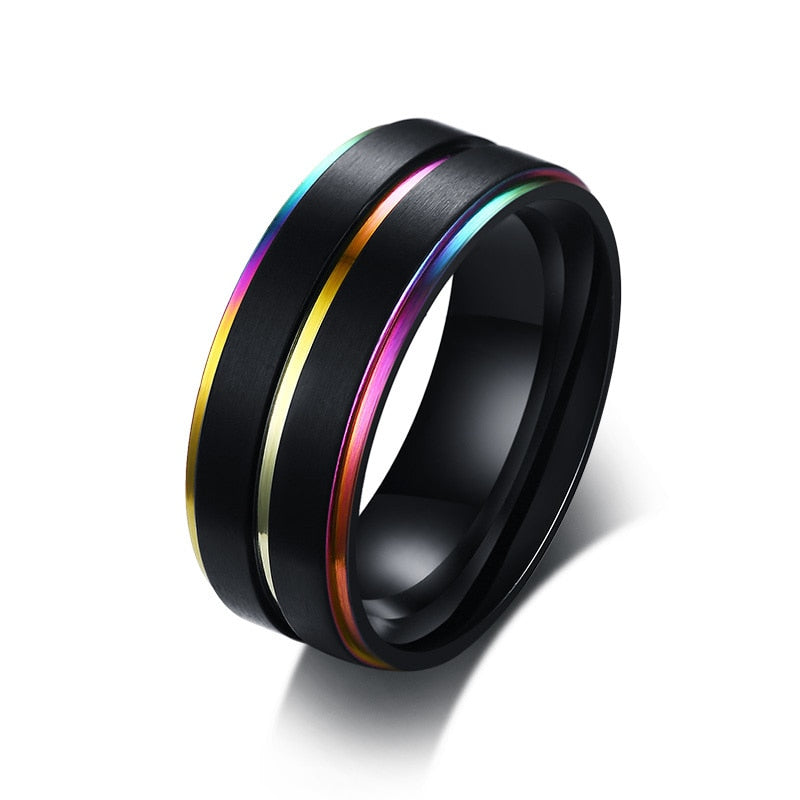 Vnox Black Stainless Steel Basic Ring for Men With Rainbow Line Classic Male Wedding Band Multi Color Jewelry Fraternal Rings