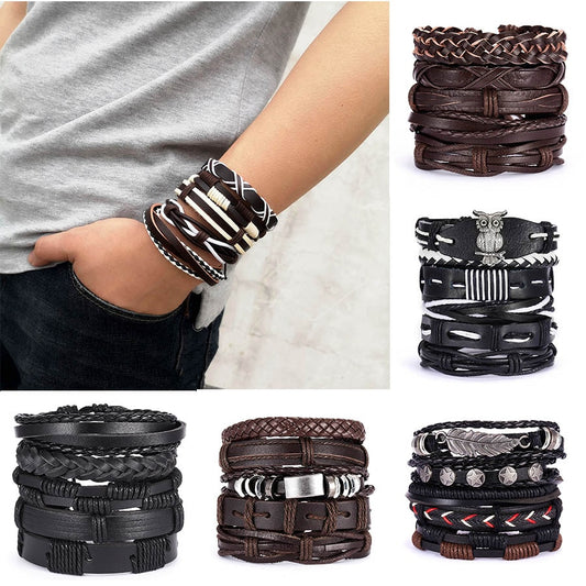 Leaf Leather Multilayer Bracelet Fashion Braided Handmade Star Knot Leaf Rope Wood Beads Wrap Bracelets; Bangles Gift