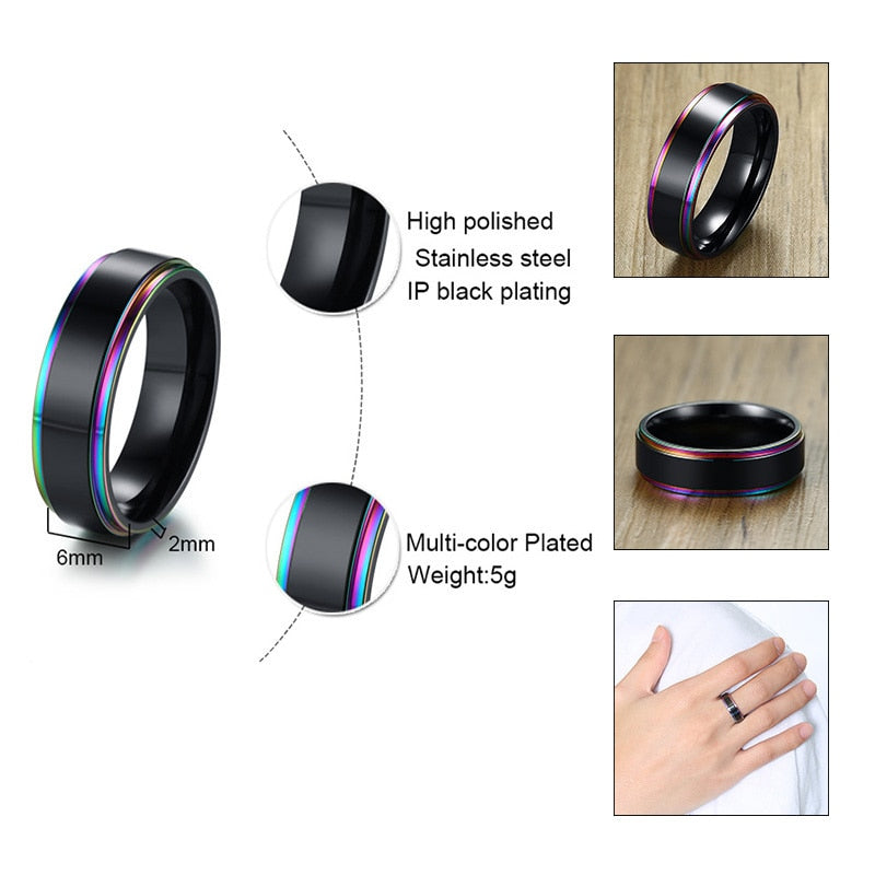 Vnox Black Stainless Steel Basic Ring for Men With Rainbow Line Classic Male Wedding Band Multi Color Jewelry Fraternal Rings