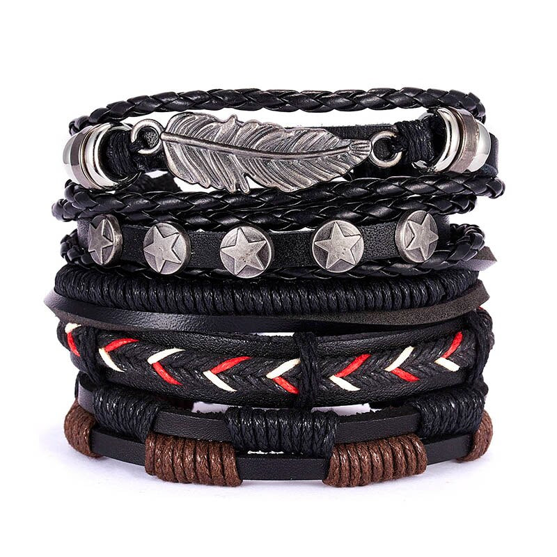 Leaf Leather Multilayer Bracelet Fashion Braided Handmade Star Knot Leaf Rope Wood Beads Wrap Bracelets; Bangles Gift