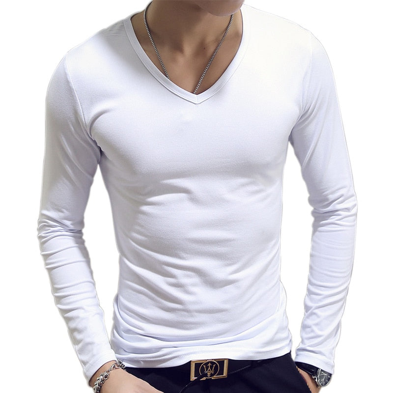 V Neck T Shirts Plain Long Sleeve Slim Fit Undershirt Armor Summer Casual Tee Tops Underwear Tshirt White Black