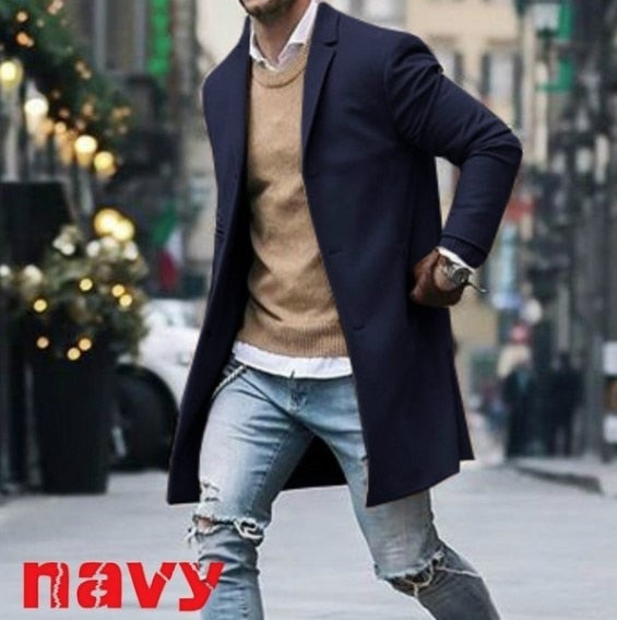 New Arrival Winter Fashion Men Slim Fit Long Sleeve Cardigans Blends Coat Jacket Suit Solid Mens Long Woolen Coats