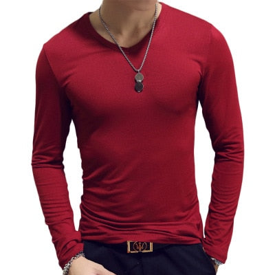 V Neck T Shirts Plain Long Sleeve Slim Fit Undershirt Armor Summer Casual Tee Tops Underwear Tshirt White Black