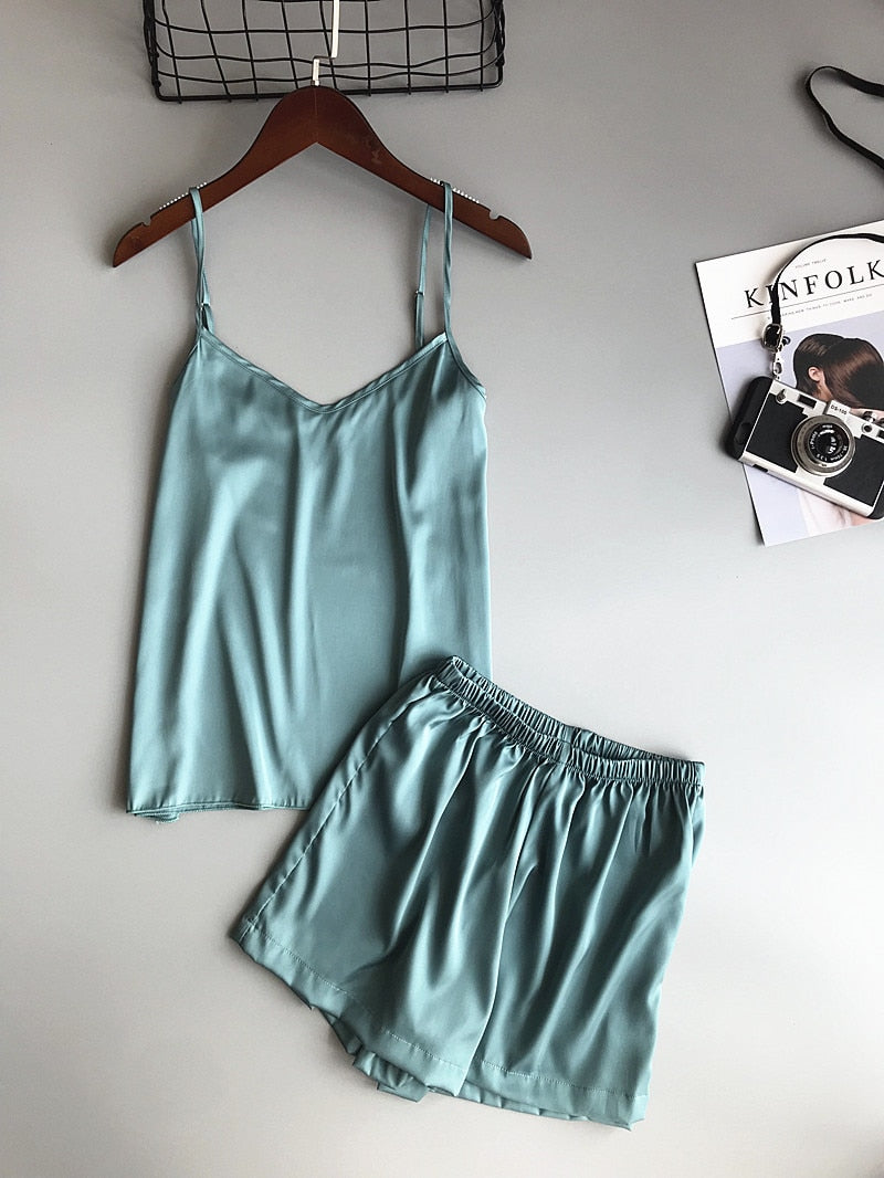 Ice Silk Twinset Korean Solid Color Pajamas Camisole Pajama Set  Vest Shorts Suit