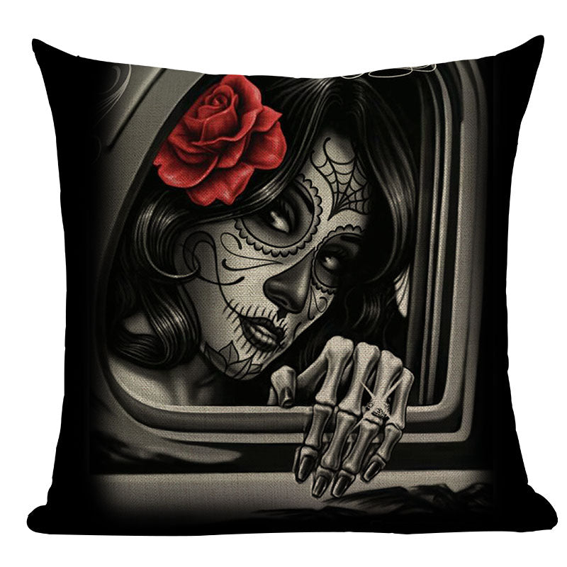 Black Pillowcase Halloween Skull custom Cushion Cover Linen Size 45X45 Printed Throw Pillows Decorative Cojines black