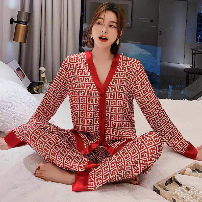 Lace 2PCS Sleepwear  Satin Pajamas Suit Summer Pajamas Casual Intimate Lingerie Long Sleeve Shirt Pants Lounge Wear