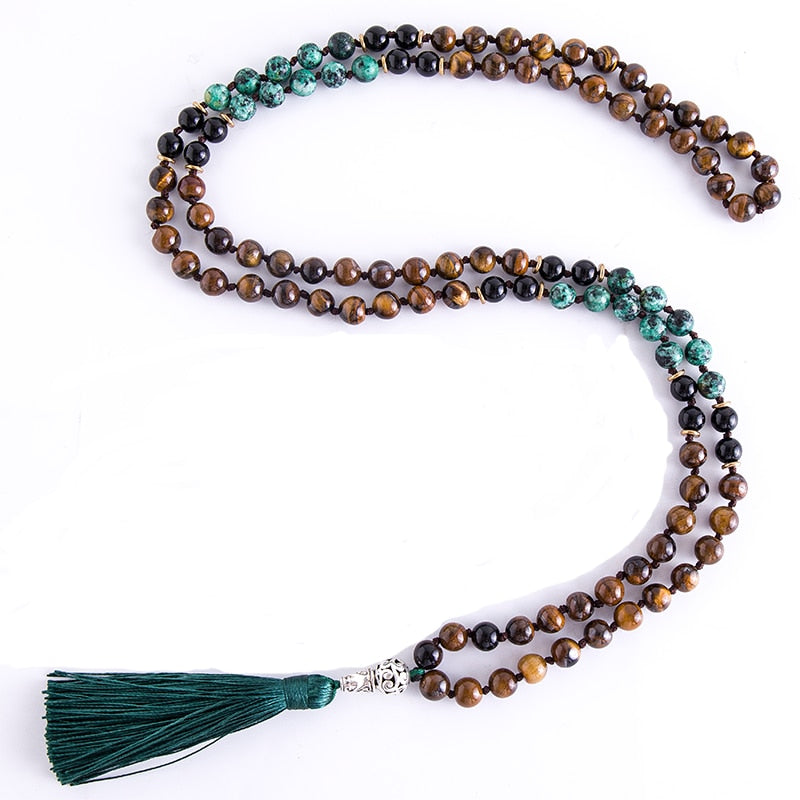 Yellow Tiger Eyes 8MM Turquesa Africana Black Onyx Japamala Set Meditation Yoga Spirit Jewelry 108 Mala Beaded Tassel Necklace