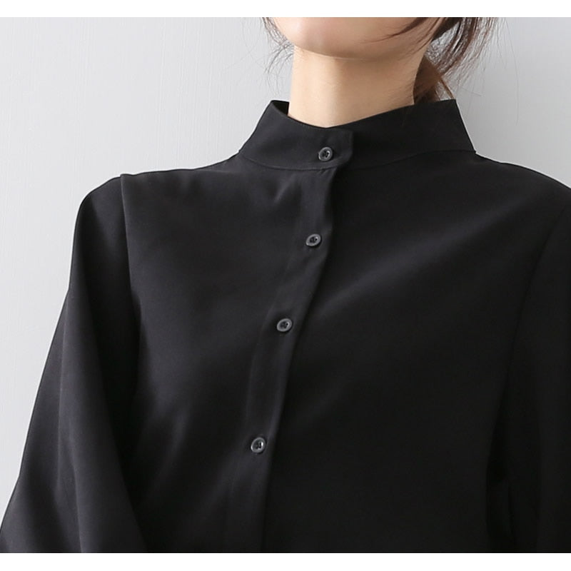 Large Lantern Sleeve Blouse,  Single Breasted Stand Collar Shirts Office Work Blouse Solid Vintage Blouse / Shirts