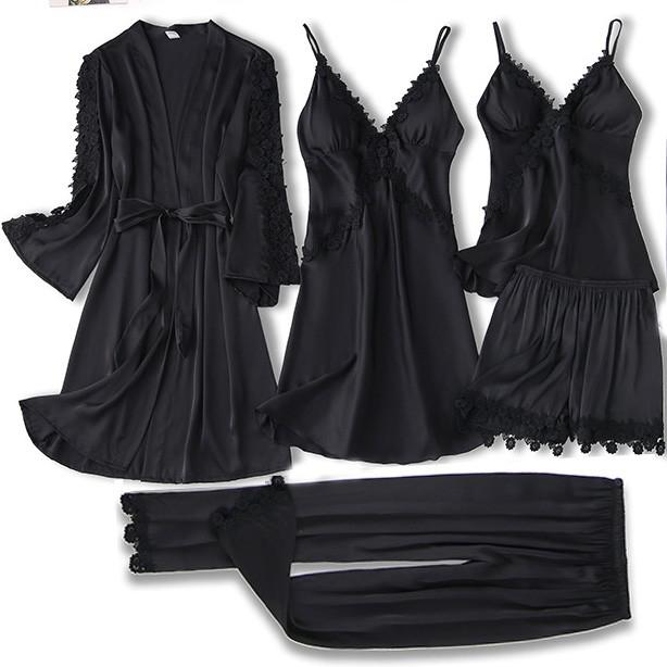 Satin Women Robe Set Sexy Nightdress Sleepwear Kimono Gown Lace PAJAMAS Intimate Lingerie Hollow Out Nighty&amp;Robe Suit