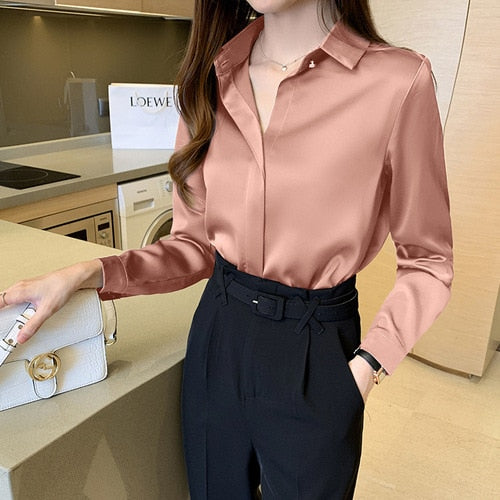 Silk Women&#39;s Shirt Long Sleeve Fashion Woman Blouses  Satin Top Female Shirts and Blouse Basic Ladies Tops OL Women Clothing