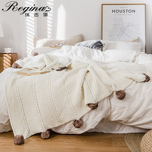 REGINA Brand Chunky Knit Chenille Blankets Cute Pompoms Home Decorative Warm Weighted Cozy Sofa Bed TV Knitted Throw Blanket