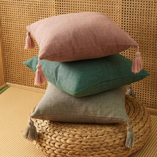 Home Decorative Pure Color Cotton Hemp Tassel Pillow Cover For Home Simple Art Style Square Pillow Cushion Cover