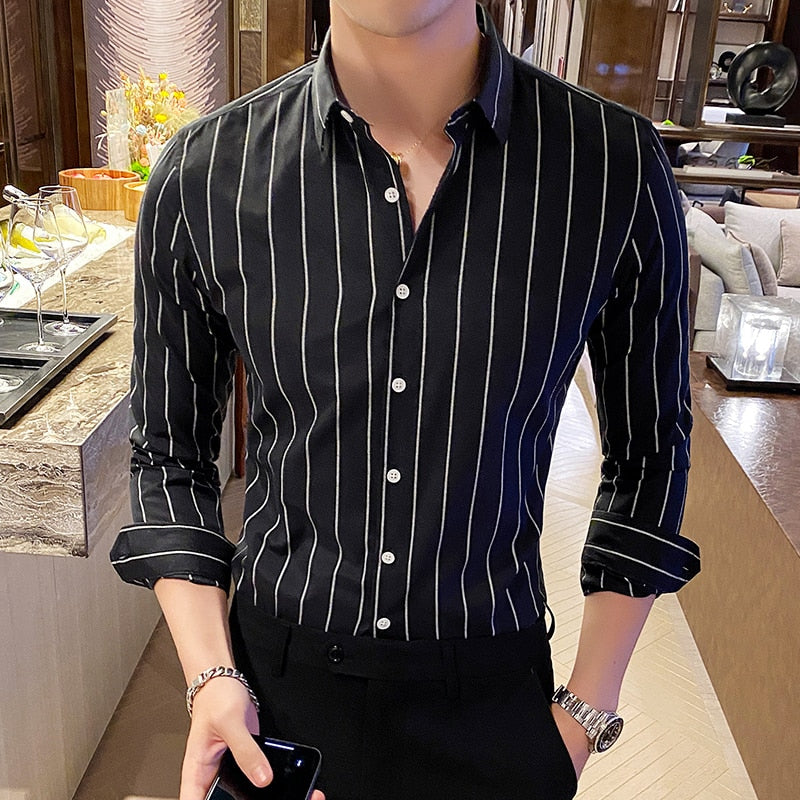 Korea Style Handsome Fashion Shirts Button Down Slim Fit Long Sleeve Striped Shirts