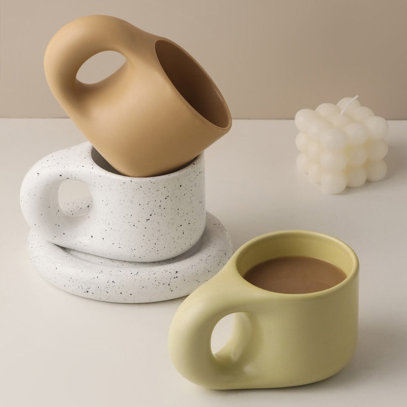 Creative Handmade Fat Handle Mug 300ml and Oval Plate Ceramic Cup Saucer For Coffee Tea Milk Nordic Home Decor