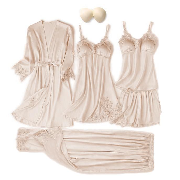 Satin Women Robe Set Sexy Nightdress Sleepwear Kimono Gown Lace PAJAMAS Intimate Lingerie Hollow Out Nighty&amp;Robe Suit