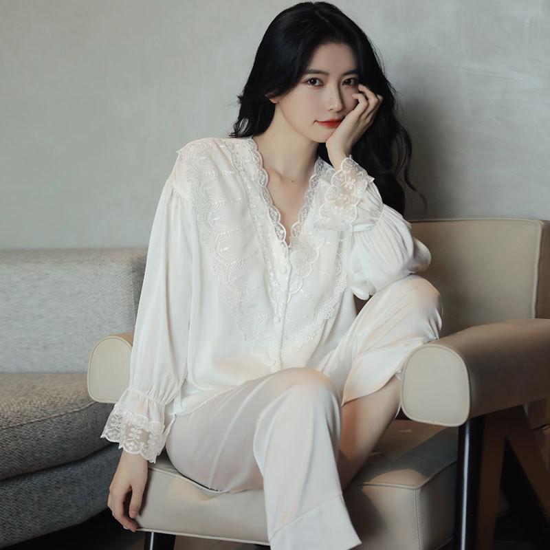 Lace 2PCS Sleepwear  Satin Pajamas Suit Summer Pajamas Casual Intimate Lingerie Long Sleeve Shirt Pants Lounge Wear