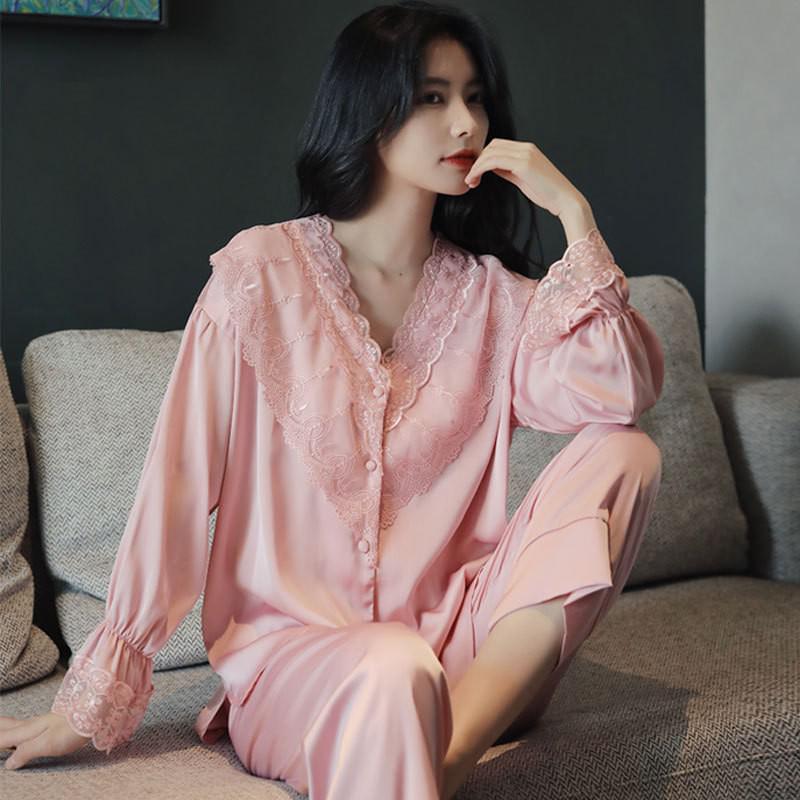 Lace 2PCS Sleepwear  Satin Pajamas Suit Summer Pajamas Casual Intimate Lingerie Long Sleeve Shirt Pants Lounge Wear