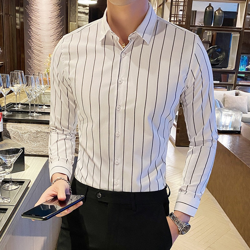 Korea Style Handsome Fashion Shirts Button Down Slim Fit Long Sleeve Striped Shirts