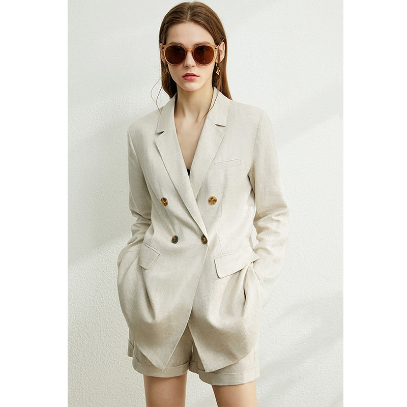 AMII Minimalism Women Solid Lapel Double Breasted Suit Coat High Waist Solid Pant Solid Short