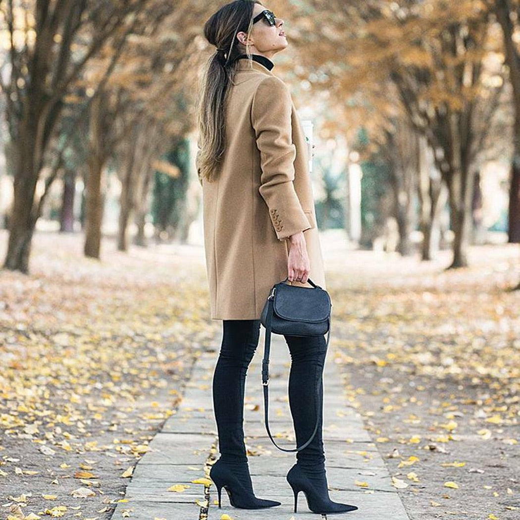 Women Trench Long Coat  Autumn Winter Lapel Long Sleeve Coats Office Ladies Solid Slim Overcoat Outwear Abrigo Mujer